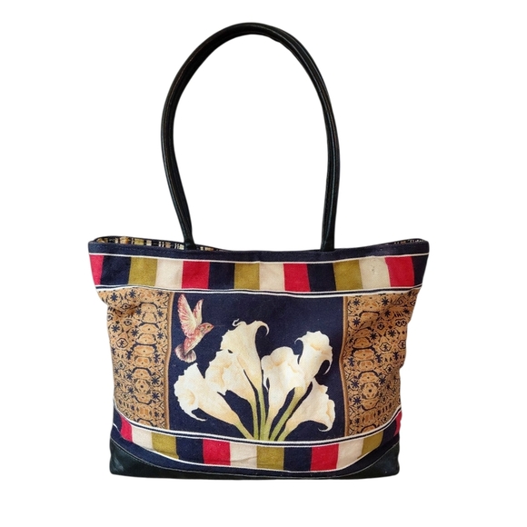 MOO ROO Charleston Black Floral Canvas Bag Tote - Picture 1 of 9